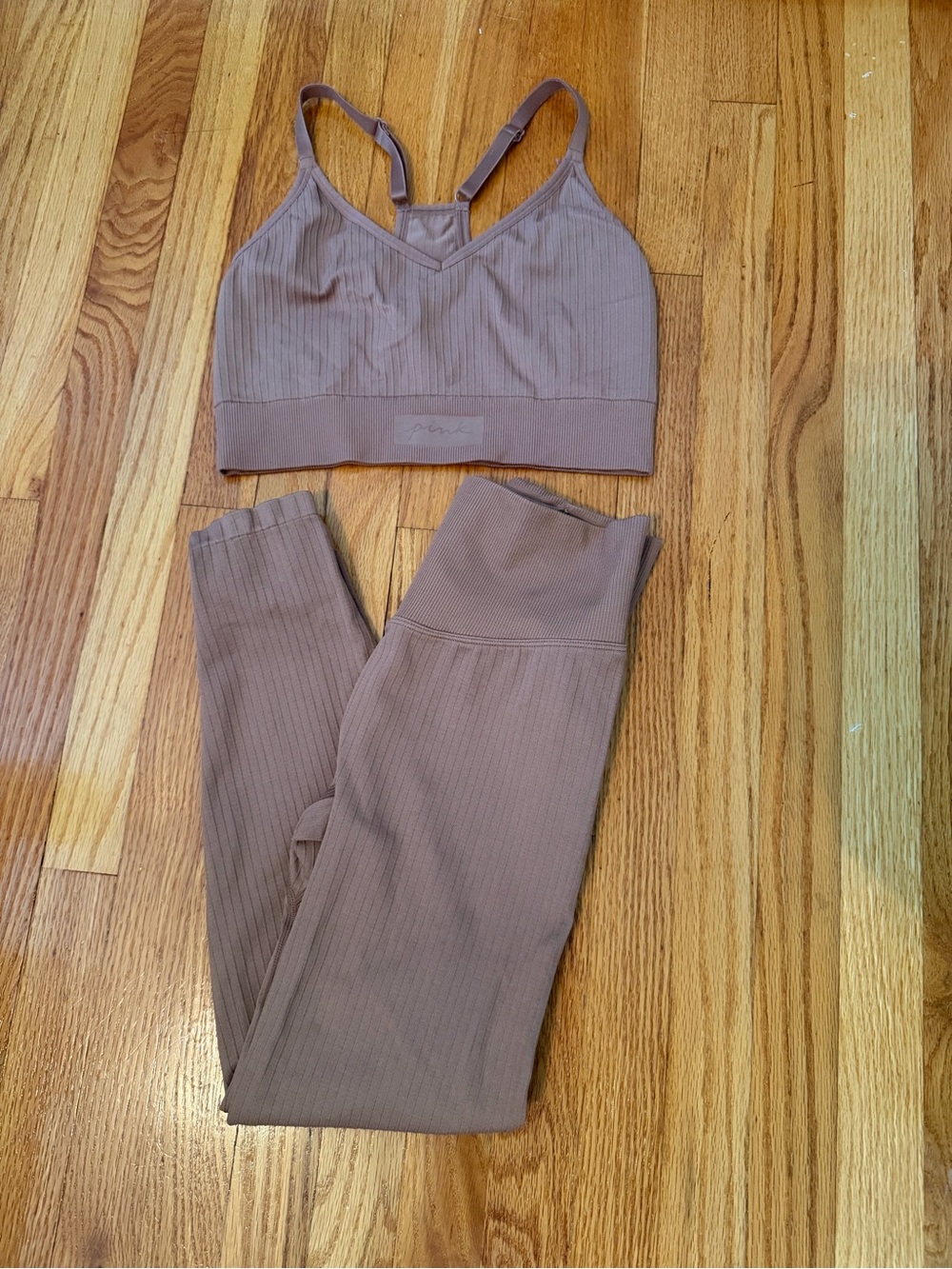 PINK Victoria's Secret Ribbed Two-Piece Jumpsuit Set in Taupe